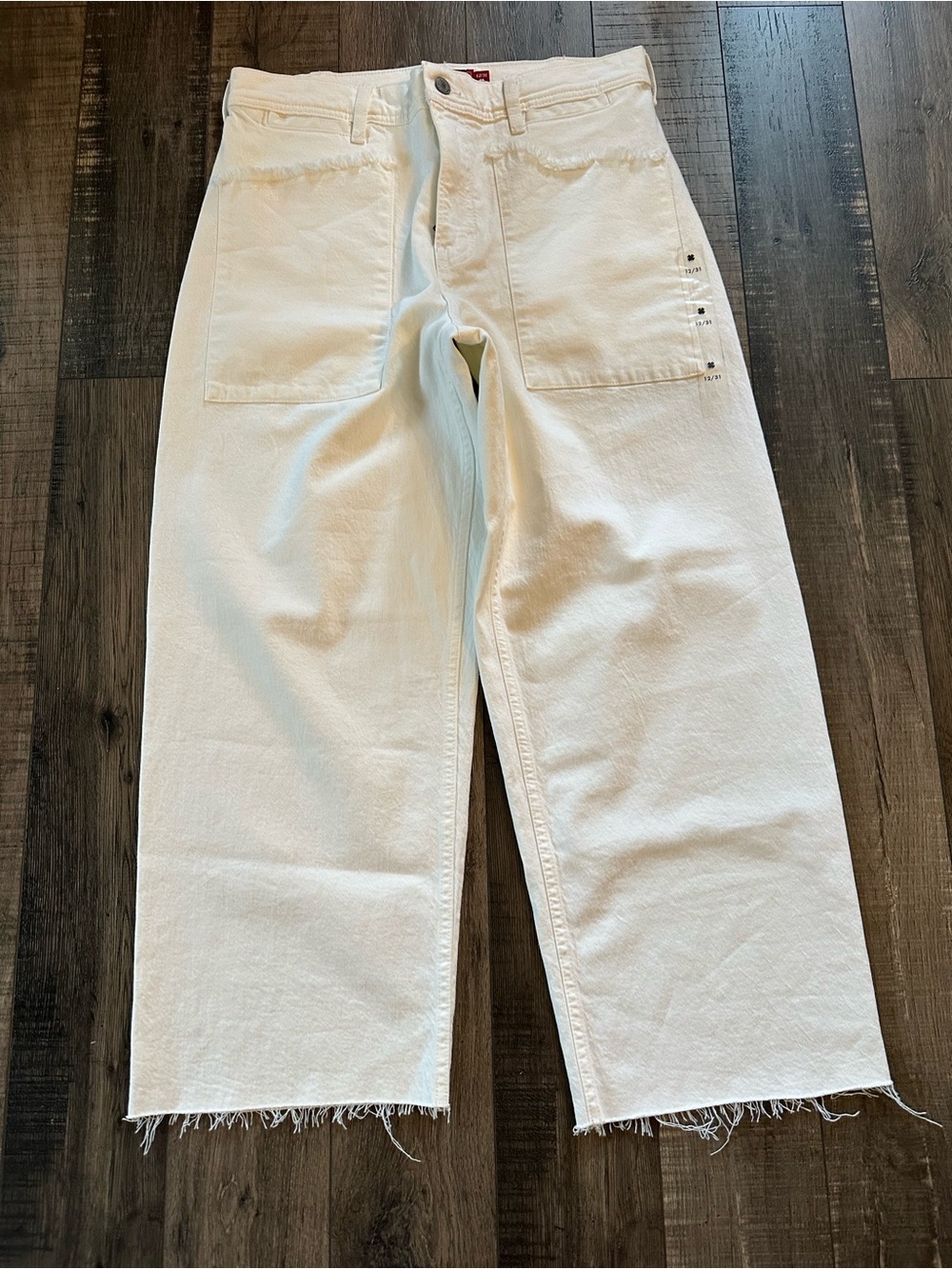 Lucky Legend Cropped Patch Pocket Wide Leg Jeans, Sz 12/31 Raw Hem White NEW